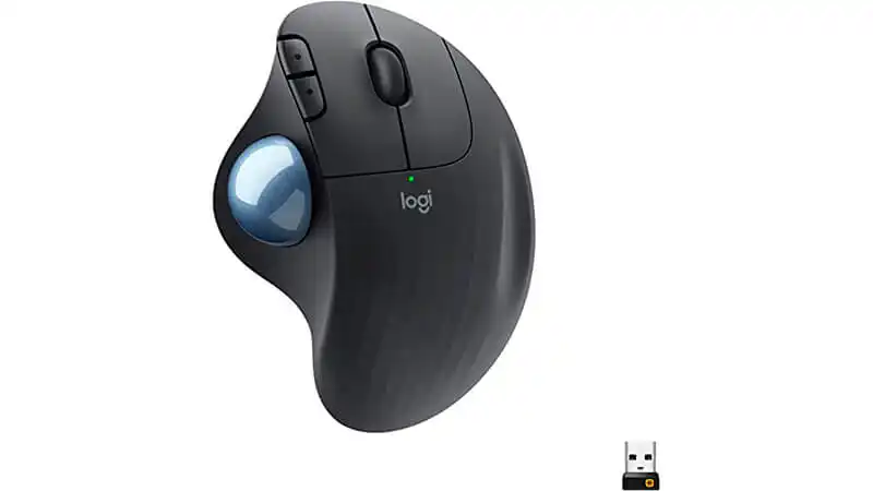 imagem de um mouse ergonômico da Logitech na cor cinza ao lado de um conector USB