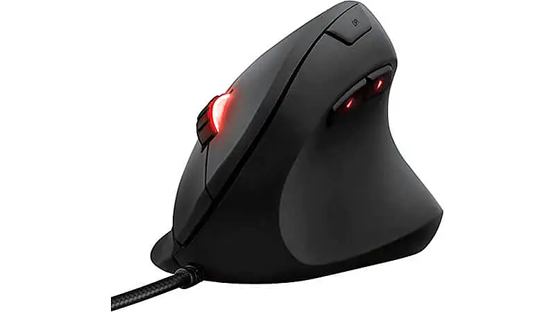 imagem de um mouse ergonômico da Trust na cor preta com led vermelho