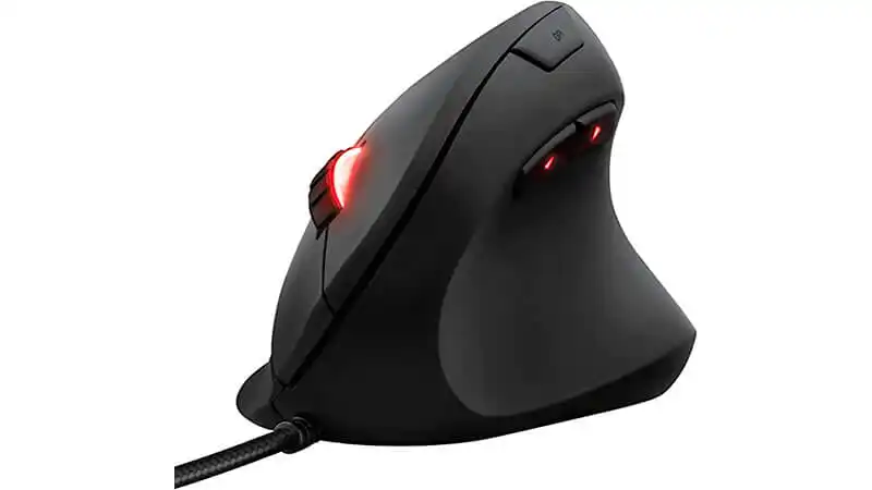 imagem de um mouse ergonômico da Trust na cor preta com led vermelho