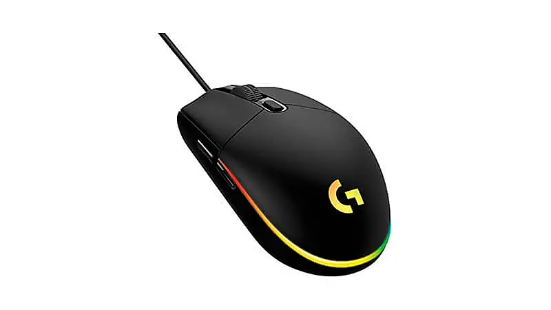 imagem de um mouse gamer Logitech G203 na cor preta com iluminação RGB