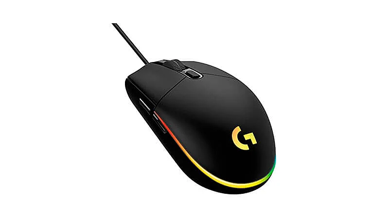 imagem de um mouse gamer Logitech G203 na cor preta com iluminação RGB