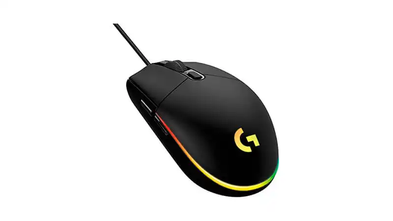 imagem de um mouse gamer Logitech G203 na cor preta com iluminação RGB