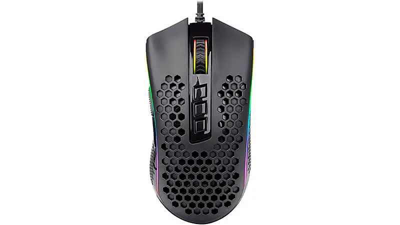 imagem de um mouse gamer Storm Elite na cor preta com iluminação RGB e estrutura vazada