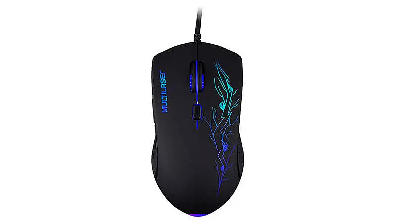 imagem de um mouse gamer Multilaser na cor preta com iluminação Azul