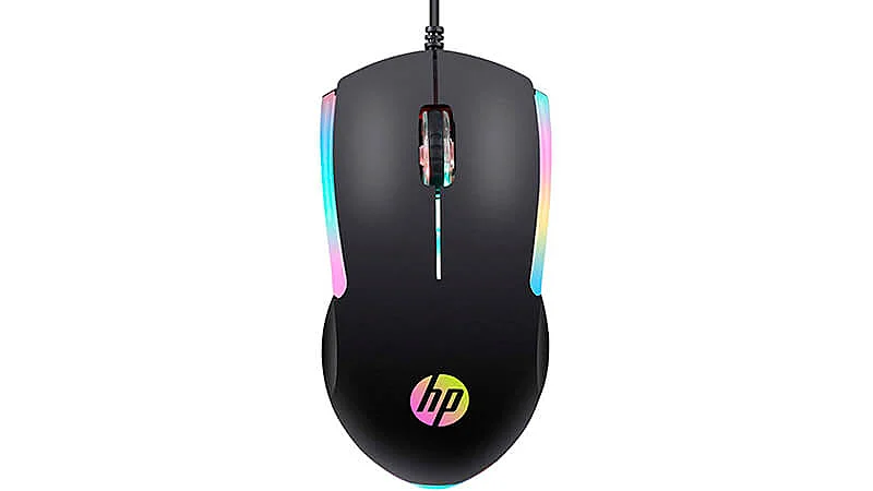 imagem de um mouse gamer HP na cor preta com iluminação colorida