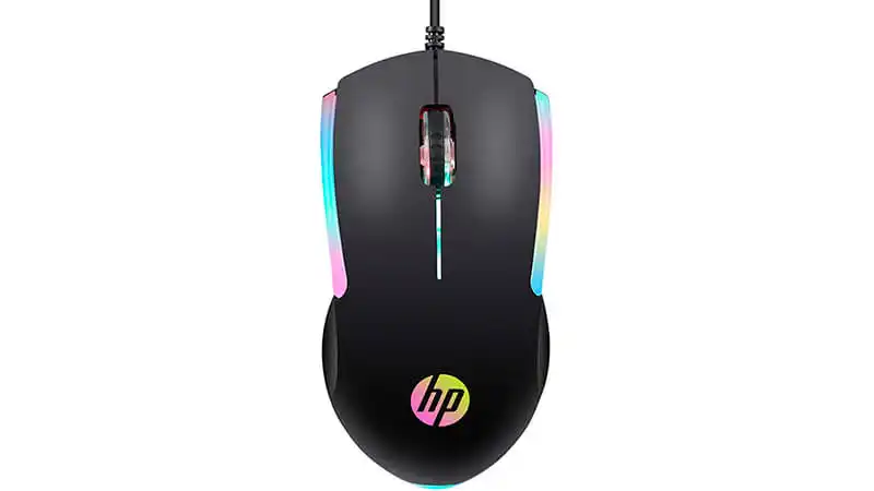 imagem de um mouse gamer HP na cor preta com iluminação colorida