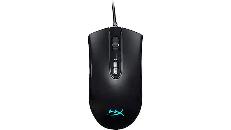 imagem de um mouse gamer HyperX Pulsefire na cor preta com iluminação azul