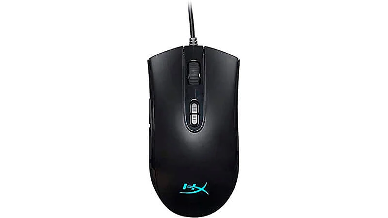 imagem de um mouse gamer HyperX Pulsefire na cor preta com iluminação azul