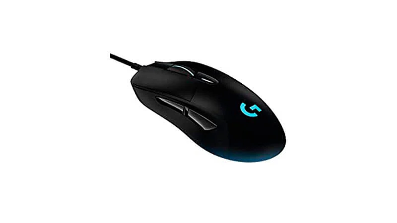 imagem de um mouse gamer Logitech G403 na cor preta com iluminação azul