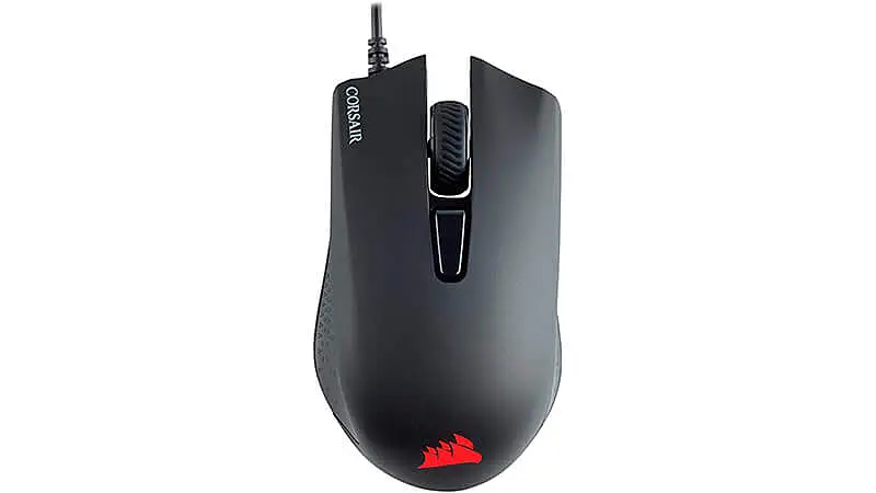 imagem de um mouse gamer Corsair Harpoon na cor preta com iluminação vermelha