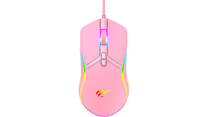 imagem de um mouse Havit MS1026 na cor rosa com iluminação RGB