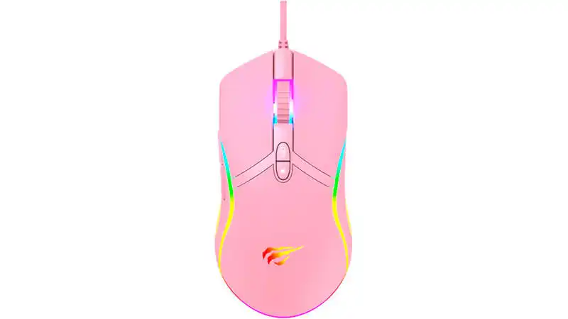 imagem de um mouse Havit MS1026 na cor rosa com iluminação RGB