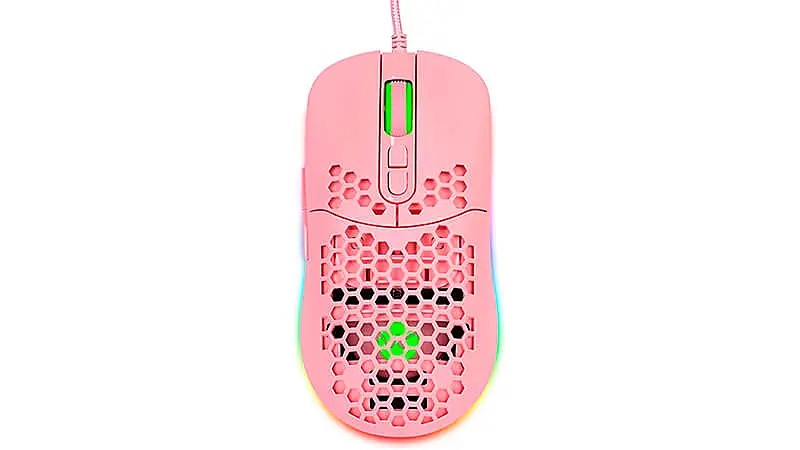 imagem de um mouse Vinik VX Gaming Void na cor rosa com design de colmeia e iluminação RGB