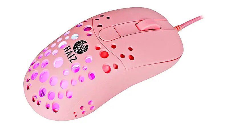imagem de um mouse Haiz na cor rosa com design de colmeia e iluminação