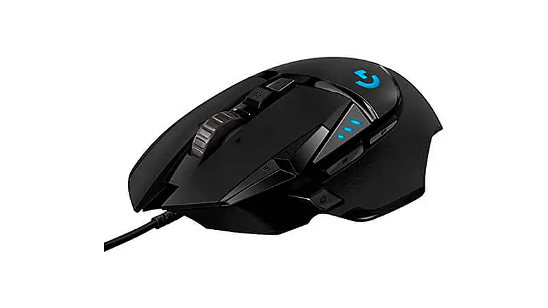 imagem de um mouse Logitech G502 Hero na cor preta com iluminação na cor azul