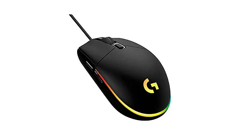 imagem de um mouse Logitech G203 na cor preta com laterais e a logo iluminados em RGB