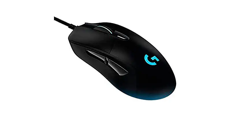 imagem de um mouse Logitech G403 na cor preta com logo iluminada na cor azul