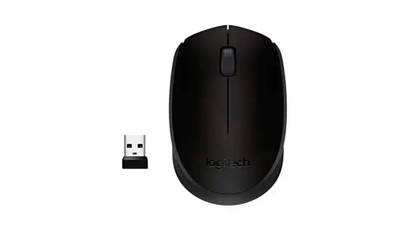 imagem de um mouse Logitech M170 na cor preta ao lado de um receptor USB
