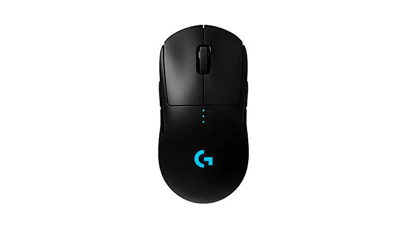 imagem de um mouse Logitech G Pro Wireless na cor preta com iluminação RGB