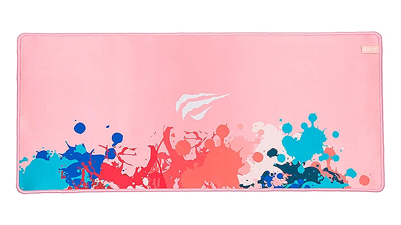 imagem de um mouse pad Havit na cor rosa com uma estampa que imita respingos de tinta