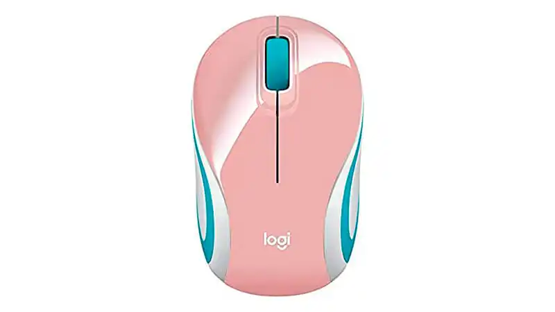 Mouse Rosa Sem Fio Logitech M187 imagem de um mouse sem fio Logitech M187 na cor rosa e azul