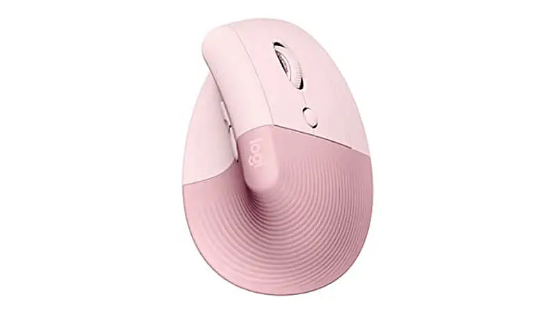 imagem de um mouse sem fio Logitech Lift Vertical na cor rosa