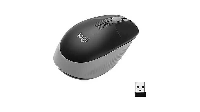 imagem de um mouse sem fio Logitech M190 na cor preta com detalhes em cinza