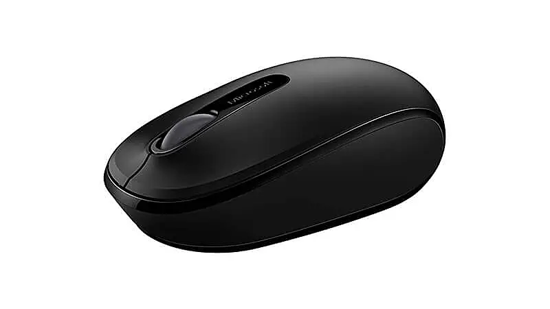 imagem de um mouse sem fio Microsoft na cor preta