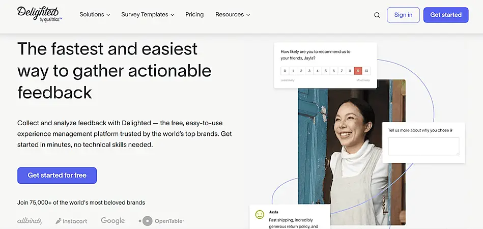 Delighted's page promoting its tool for getting feedback.