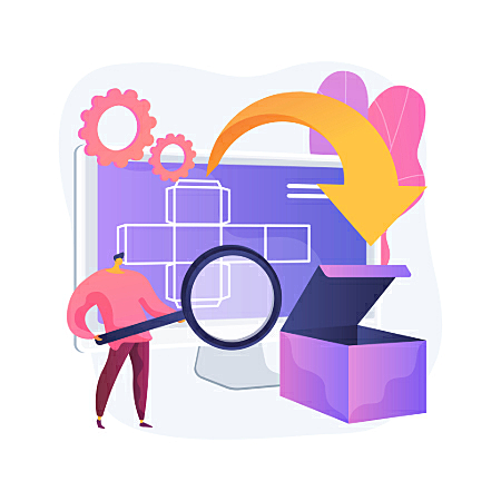 Pessoa analisando processo com lupa enquanto uma ideia é transformada em solução.