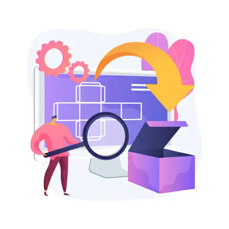 Pessoa analisando processo com lupa enquanto uma ideia é transformada em solução.
