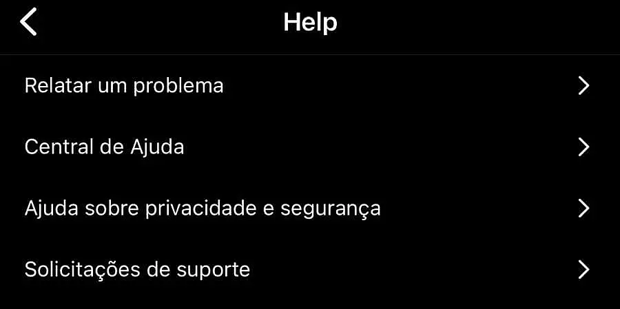 Menu de ajuda do Instagram