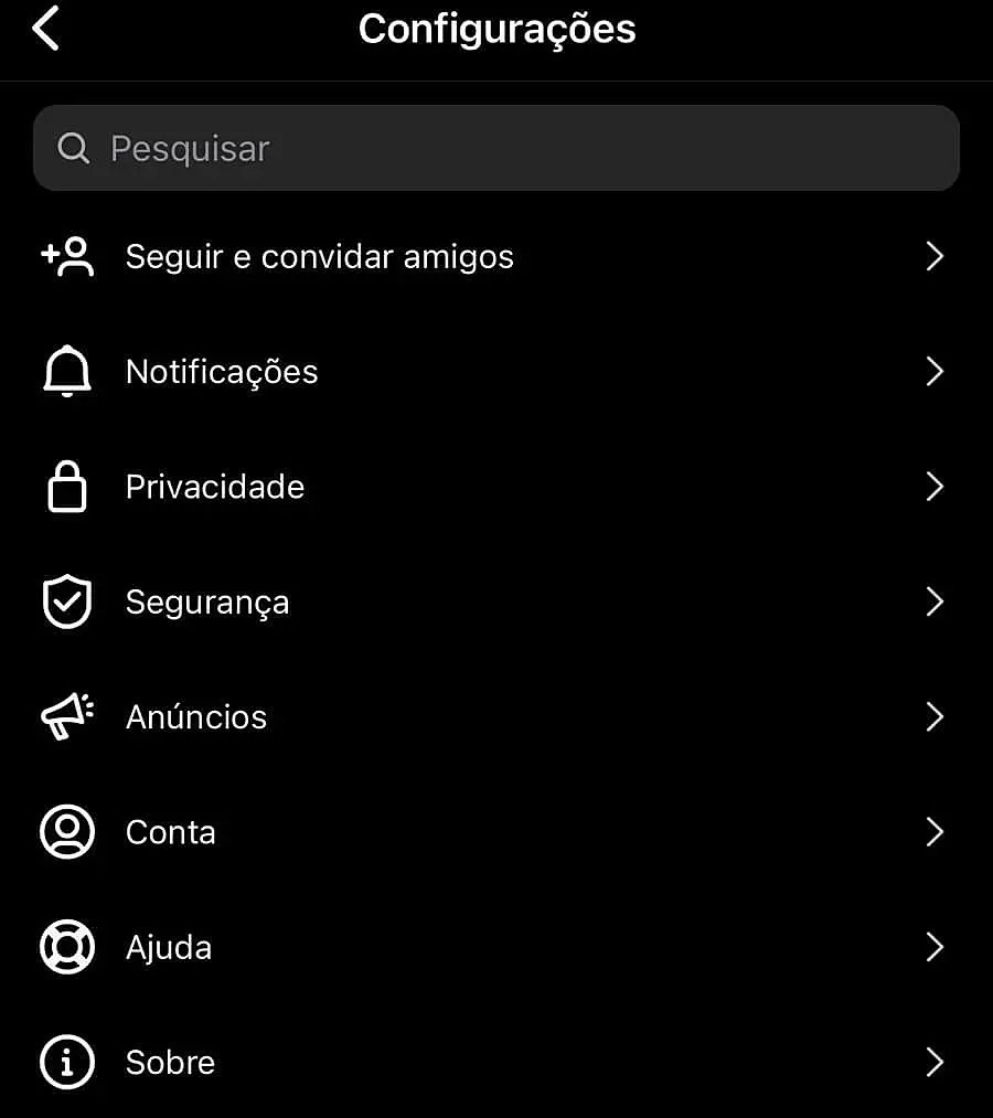 Menu de configurações do Instagram