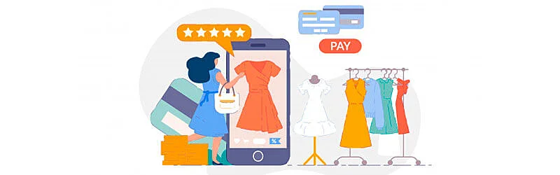 Mulher escolhendo as roupas de um brechó através do smartphone