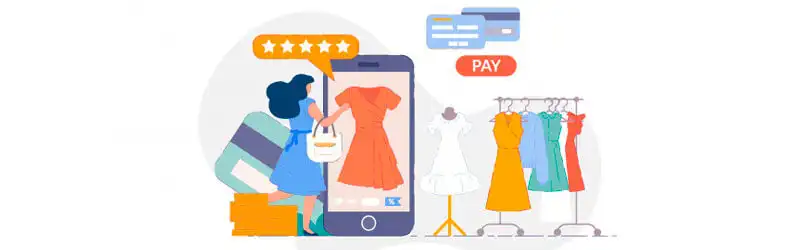 Negócios lucrativos Mulher escolhendo as roupas de um brechó através do smartphone