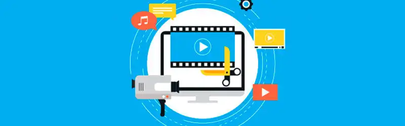 Negócios lucrativos Monitor de computador acompanhado de diversos elementos de edição como tesoura, filme câmera e telas