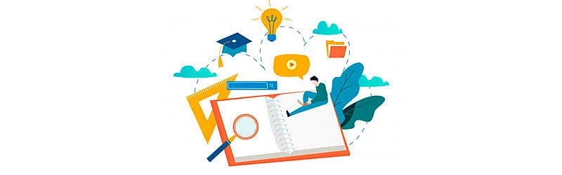 Pessoa sentada em um cador acompanhada de elementos de estudo como online