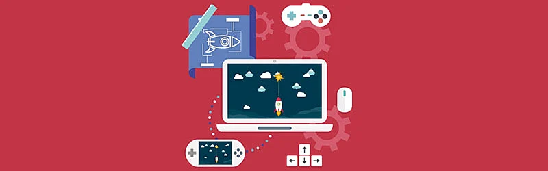 Notebook com um jogo de naves aberto com um controle um mouse um videogame portátil e uma planta da nave usada no jogo