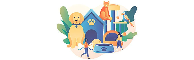 Cão na frente de sua casinha com um gato e um pássaro ao lado