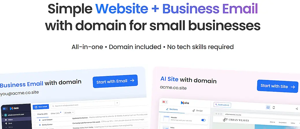 Neo's website page showing Business email with domain page and the AI site with domain page