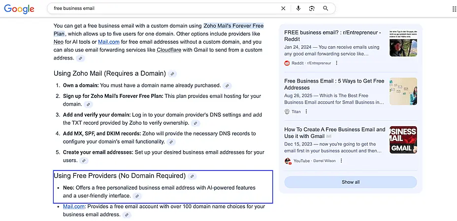 Google search results page showing steps to get a free business email with Zoho Mail and a highlighted section about using free providers like Neo with no domain required.