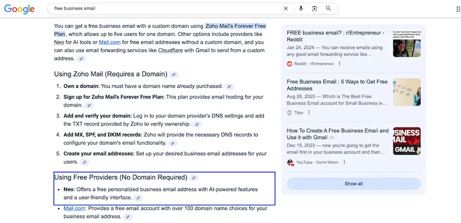 Google search results page showing steps to get a free business email with Zoho Mail and a highlighted section about using free providers like Neo with no domain required.