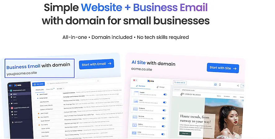 Neo's website page showing the "Business with email domain" page, and the "AI site with domain" page.