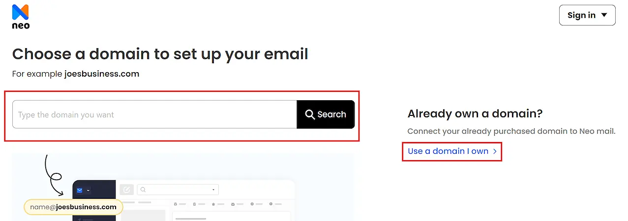 Neo email setup page prompting users to choose or search for a domain, with an option to use an existing domain.