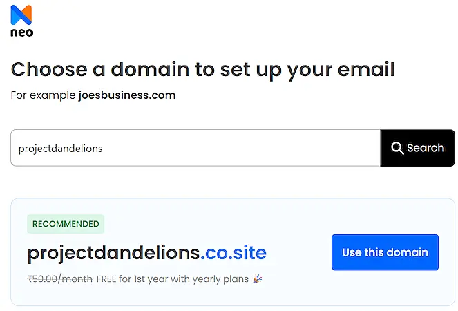 Neo email setup page prompting users to choose or search for a domain.