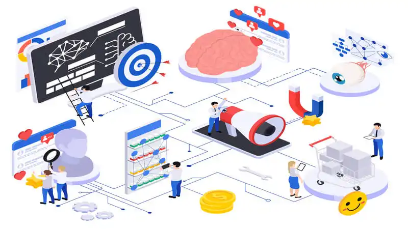Arte com um vários processos de marketing ligados a um cérebro