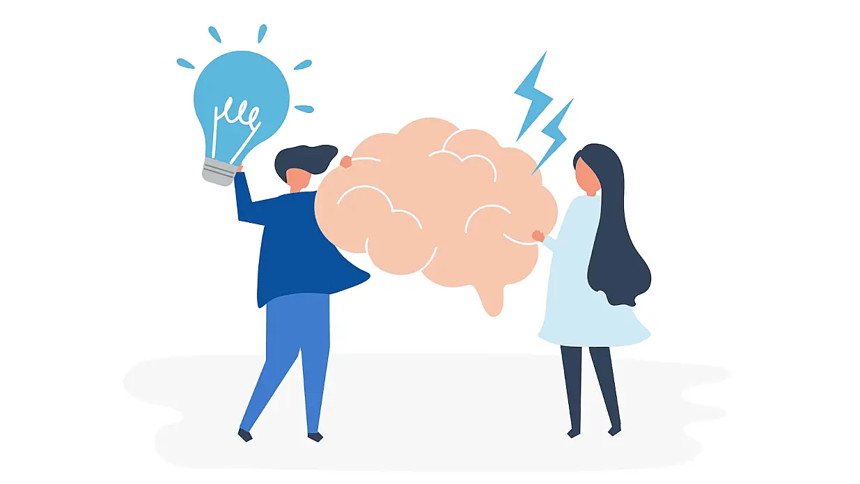 Ilustración de dos personas cogiendo un cérebro y una lámpara