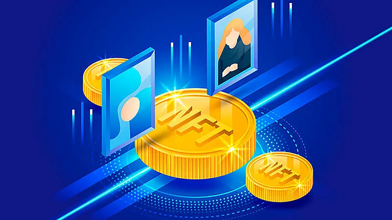 imagem com três token de NFT e duas obras digitais flutuando em cima deles