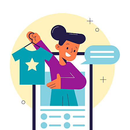 ilustração de uma mulher segurando um cabide com uma blusa dentro de uma tela