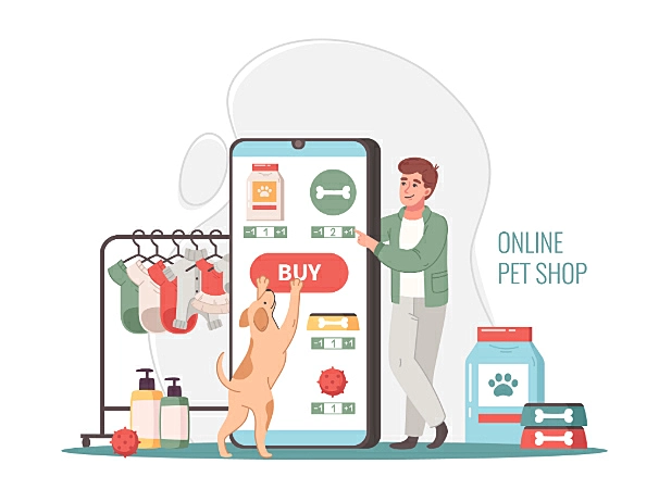 ilustração de um homem e um cachorro comprando em um celular